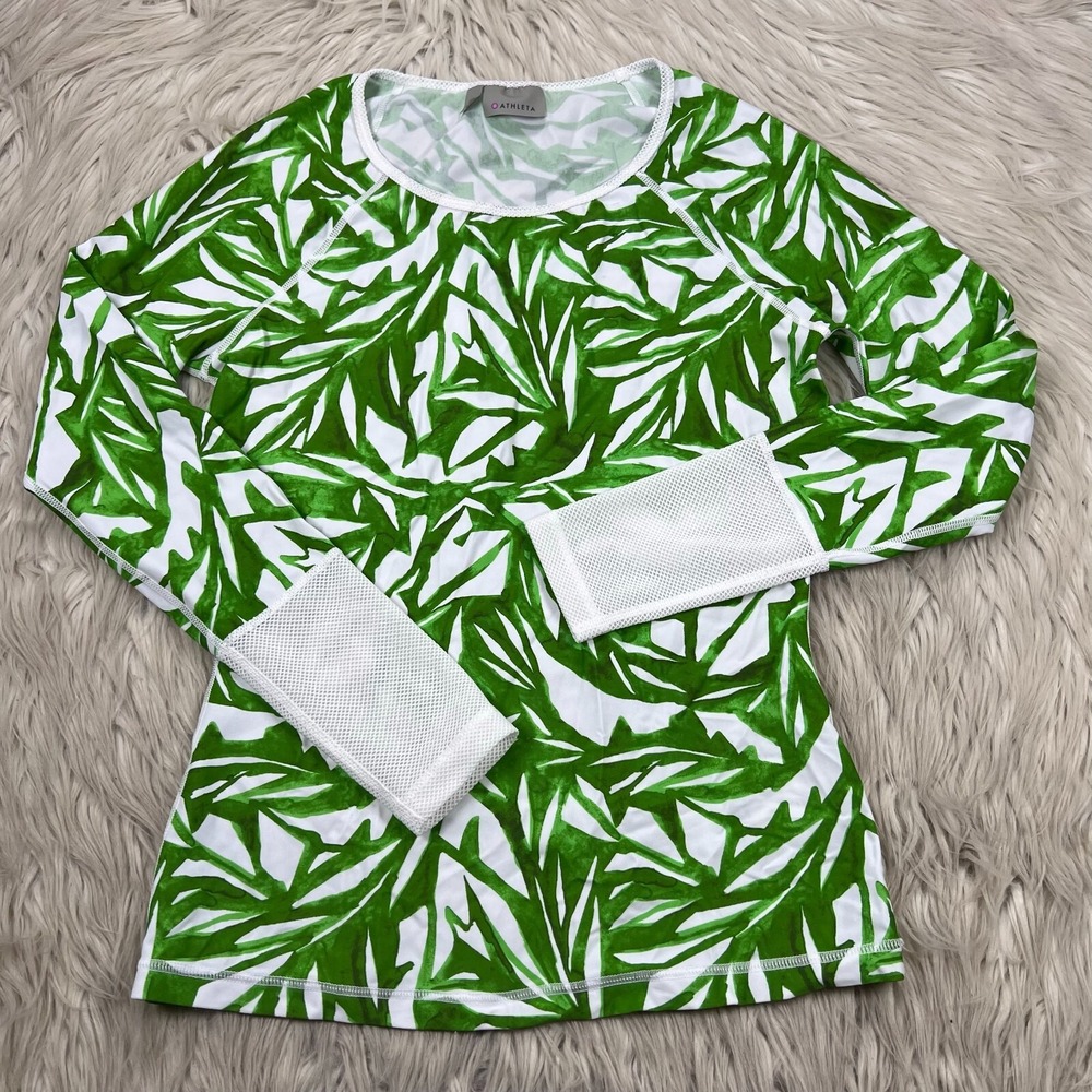 Athleta Women's XS Green White Palm Leaf Print Rash Guard Mesh Cuff